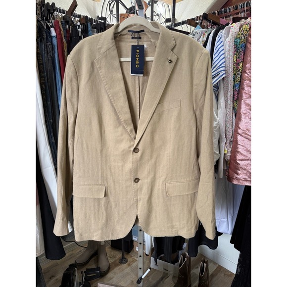 Piombo Mens Italian Linen Herringbone Blazer Tan Beige Two Button Sport Coat NEW